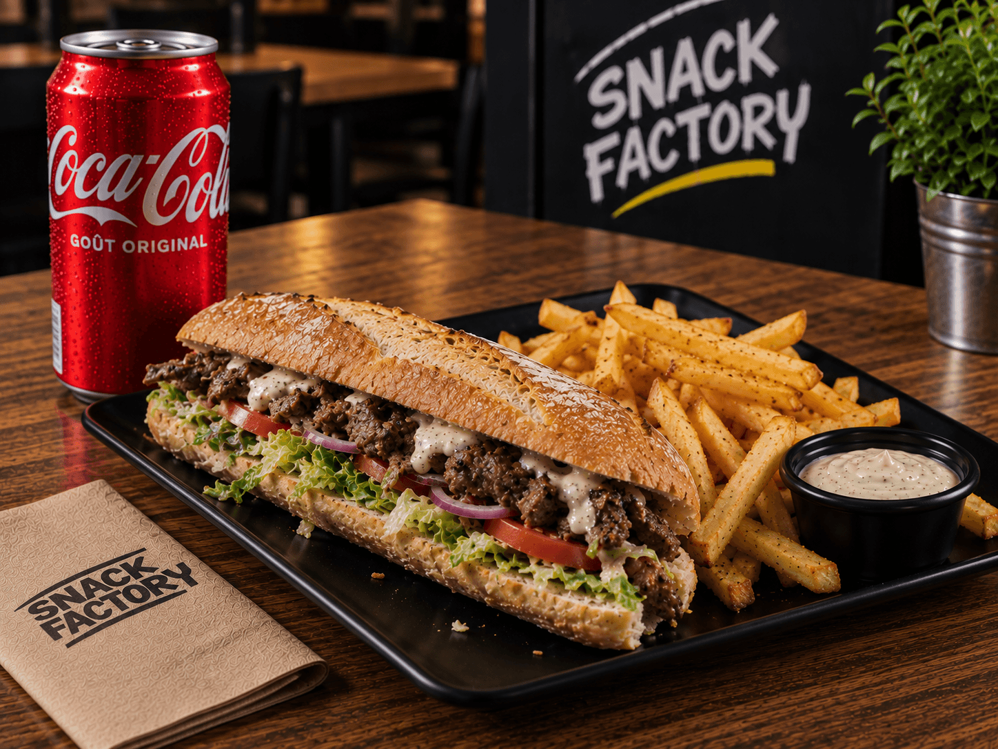 Sandwich Steak Snack Factory, pain croustillant garni, servi avec frites, au comptoir Snack Factory