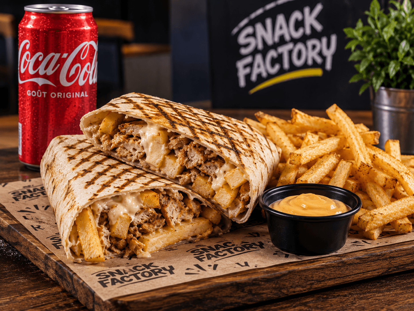 Tacos Snack Factory grillé et roulé, coupé en deux, viande, frites et sauce fromagère, servi avec sauce